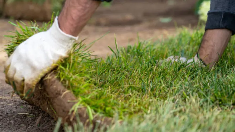 Person installing rolls of sod to repair or establish a new lawn.
