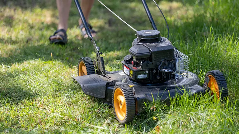 Person using a push mower on a sunny day to cut grass in a backyard.