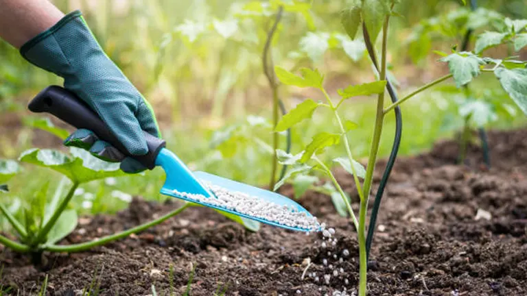 Gardener using a blue hand tool to cultivate soil around young tomato plants.