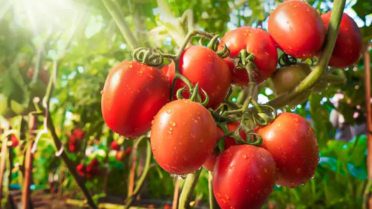 Close-up of vibrant red tomatoes with water droplets on a vine, illuminated by sunlight in a lush garden.