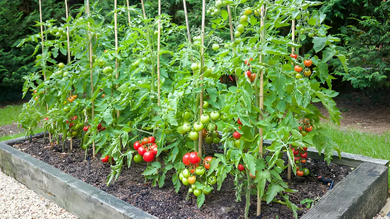 Raised garden bed densely planted with staked tomato plants bearing both green and red fruits.