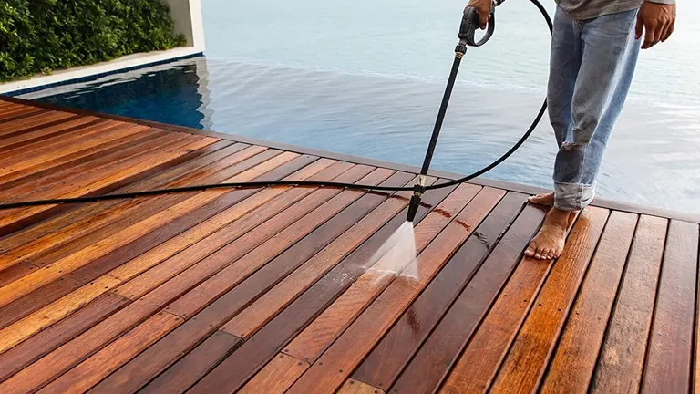 Cleaning a wooden deck using a high-pressure water sprayer.