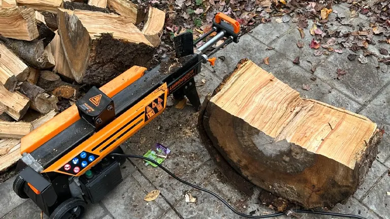 WEN 56208 Electric Log Splitter splitting a large log on a paved area.