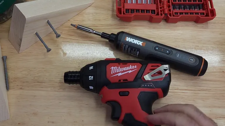 WORX 4V 3-Speed Cordless Screwdriver with Milwaukee 12V screwdriver in the table