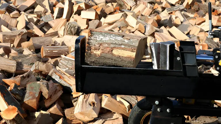 Log splitter with log on it with a background of splitted logs