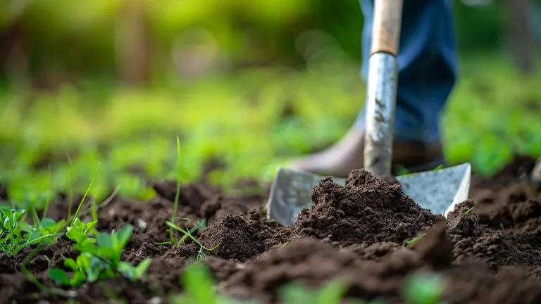 Close-up of a shovel digging into rich soil with fresh green plants in the background.