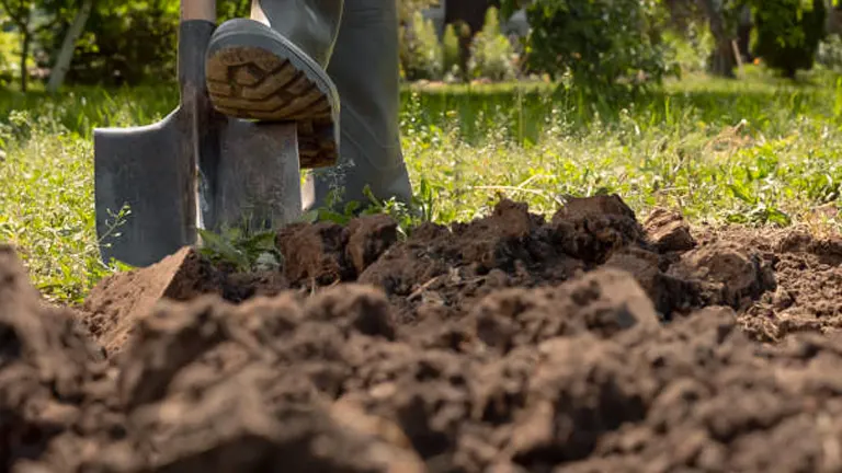 A gardener's boot pressing against a shovel in freshly tilled soil, focusing on soil texture and gardening shoes.