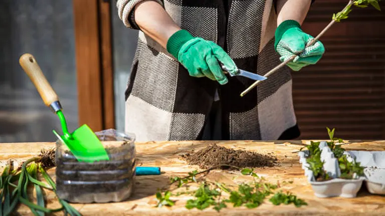 A person wearing gloves prepares stem cuttings on a wooden table with gardening tools and soil.