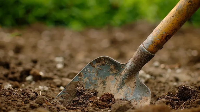 Close-up of a rusty garden shovel partially buried in rich, dark clay soil, with a blurred green background