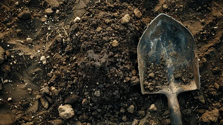 Worn metal shovel lying on dry, crumbly soil, with visible small rocks and debris scattered around.