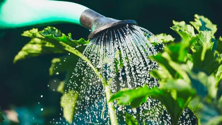 Close-up of a watering can showering a young plant with water, highlighting the importance of proper hydration for plant health.