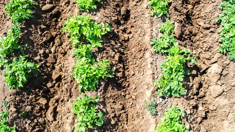 Row of young potato plants growing in well-tilled soil, showing organized agricultural activity.