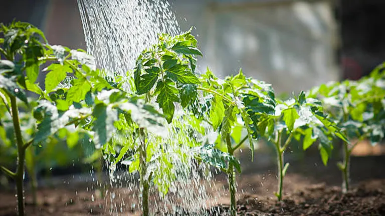 Watering young tomato plants in a garden bed with a watering can, showing water cascading onto the leaves and soil.