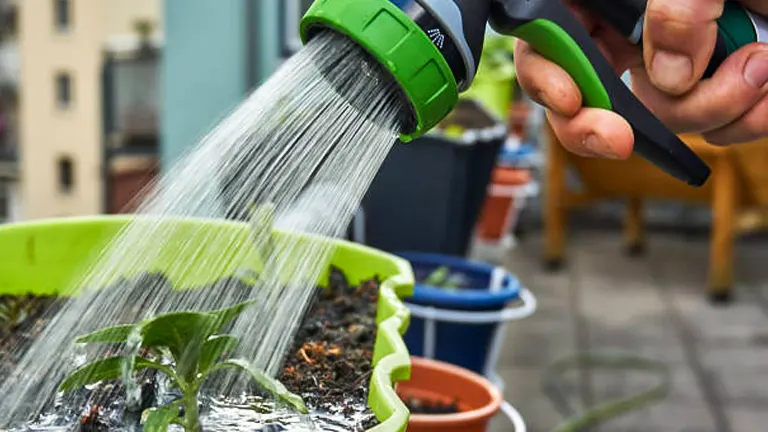 Hand watering young plants in a vibrant green container on a balcony with a hose nozzle, focusing on a gentle spray of water.