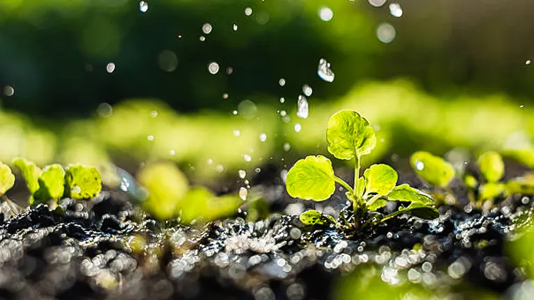 Close-up of water droplets falling on young green lettuce sprouting from rich, dark soil with a sunlit background.