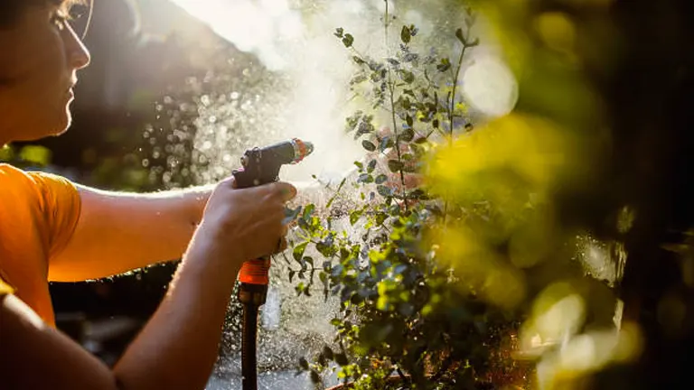 A woman watering her garden with a hose, misting water over a bush with a backlight creating a glowing effect on the leaves.