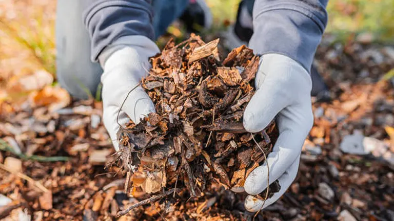 Hands wearing gloves holding shredded bark mulch above a freshly mulched garden bed.