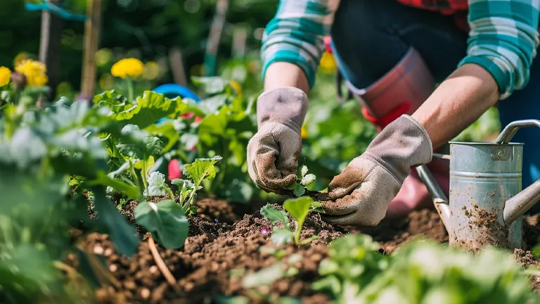 A person in gloves plants young seedlings in a sunlit garden bed, surrounded by lush green plants and colorful flowers.