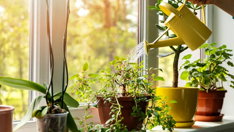 Watering indoor potted plants on a sunny windowsill with a small yellow watering can, highlighting the healthy growth and variety of plants.
