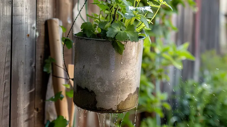 Water cascading from an overwatered suspended concrete planter, showing signs of leakage and excess water.
