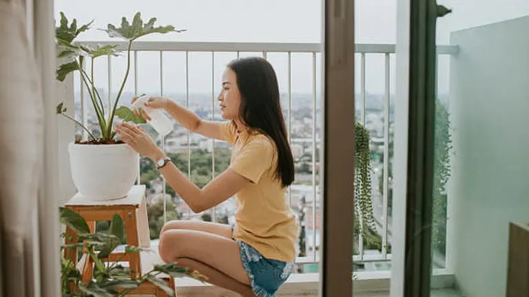 A woman on a balcony caring for her potted plant, spritzing it with a spray bottle, with a cityscape in the background.
