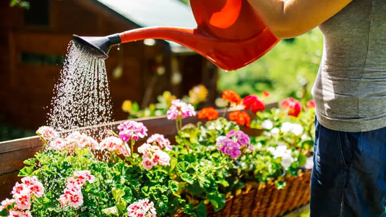 A person using a red watering can to water a vibrant array of pink and white geraniums in a wooden planter, with sunlight illuminating the scene.