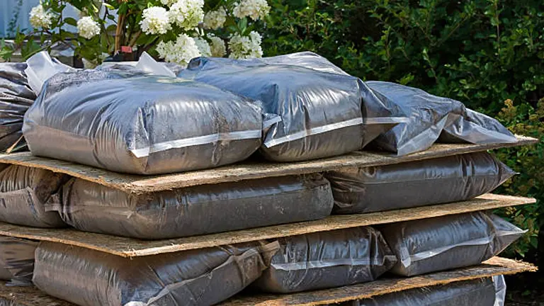 Stack of sealed black plastic bags filled with potting soil, placed on wooden pallets in a garden setting.