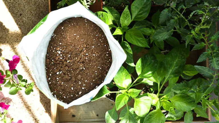 Open white bag of potting soil surrounded by various potted plants in a sunny garden area.