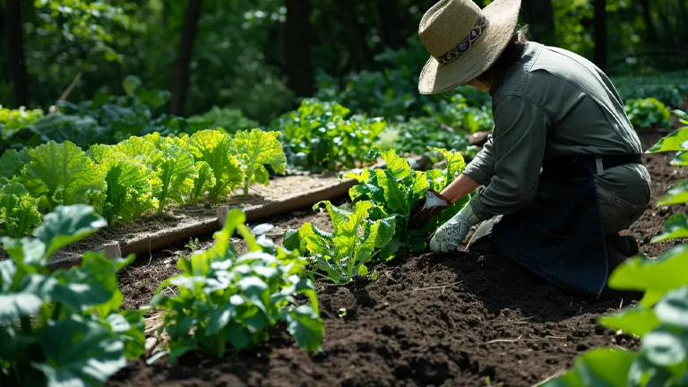 A gardener wearing a straw hat is kneeling and tending to plants in a lush garden row, with a backdrop of dense forest