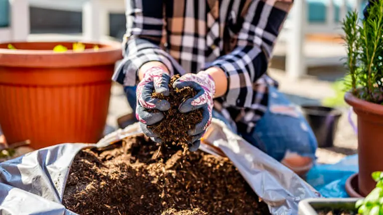 Gardener wearing plaid shirt and pink patterned gloves, holding a handful of dark potting soil over a grow bag.