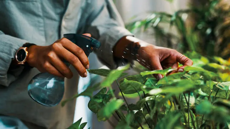 A person misting green indoor plants with a spray bottle, focusing on thorough leaf hydration.