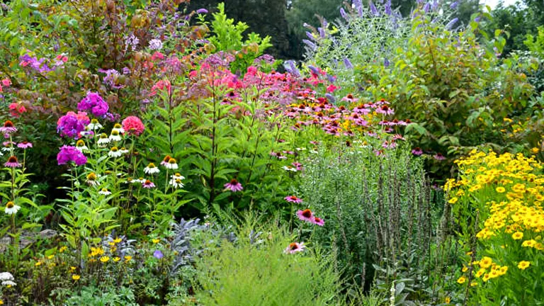 A lush garden bursting with a mix of colorful flowers including pinks, purples, and yellows, set against a variety of green plants.