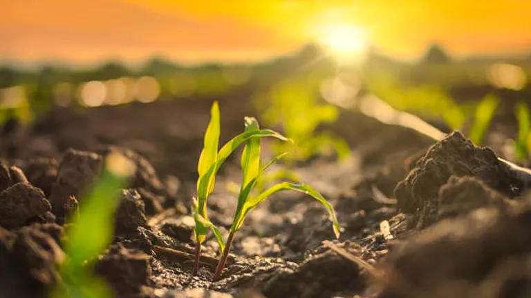 Close-up of a young corn plant in soil, illuminated by a vibrant sunset that casts a golden light across the field.