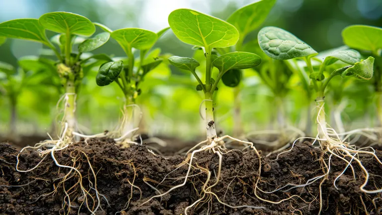 A row of young bean plants with vibrant green leaves and white roots visible in a soil cross-section.
