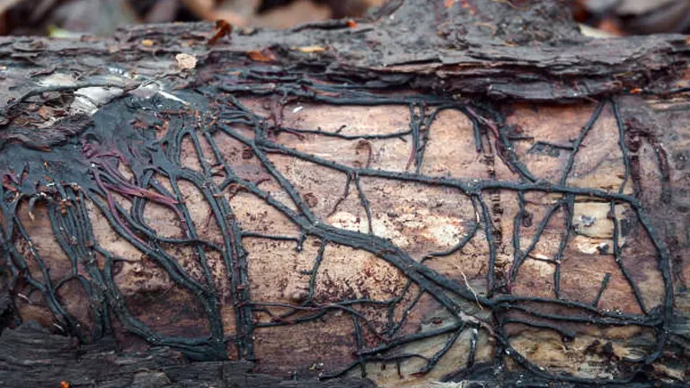 Intricate network of black mycorrhizal fungi on a decaying log, showing symbiotic relationship with the tree.