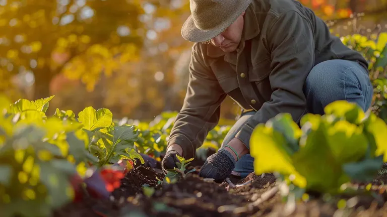 A person wearing a hat and gloves plants seedlings in a garden bed, with autumn leaves glowing in the warm, golden sunlight.