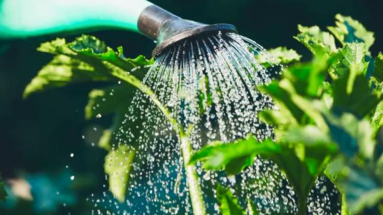 Water being poured from a watering can onto lush green plant leaves, highlighting water droplets in sunlight.