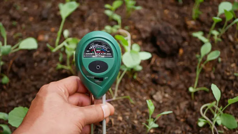 A person measuring soil moisture with a green soil moisture meter in a garden, surrounded by young plants.