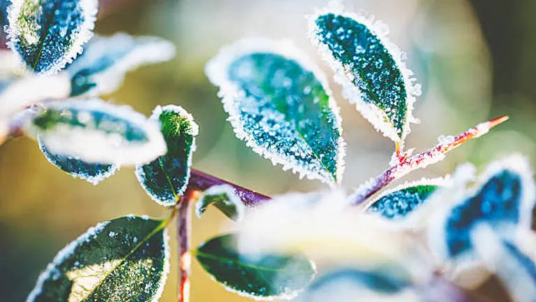 Close-up of frost-covered leaves with a sharp focus on the intricate ice crystals outlining the green and red foliage.