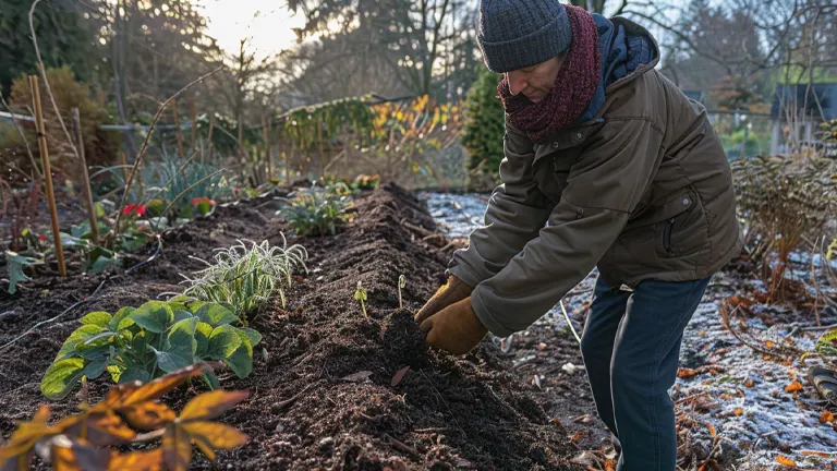 A person in a jacket and scarf plants a young plant in a garden bed on a frosty morning, with sunlight casting long shadows.