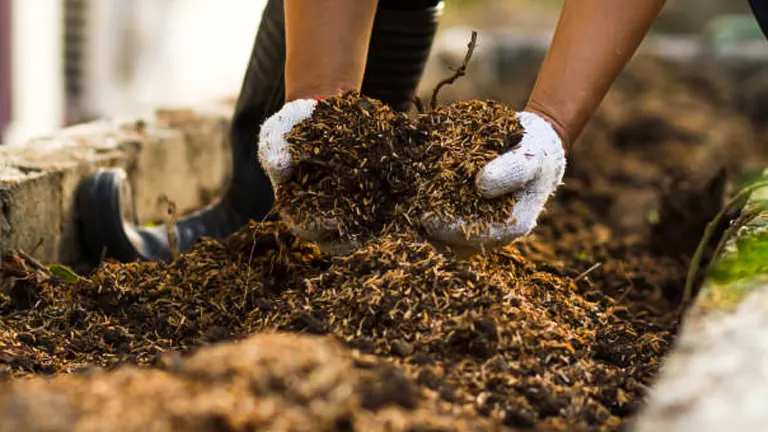 A person wearing gloves kneels while handling a large amount of loose, fibrous mulch or compost in a garden bed, demonstrating the process of soil preparation.