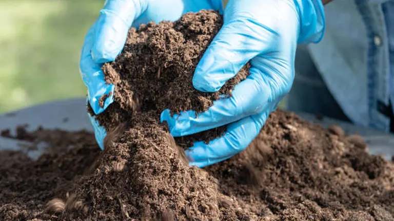 Hands wearing blue gloves sifting through rich, dark compost to check texture and quality in an outdoor setting.