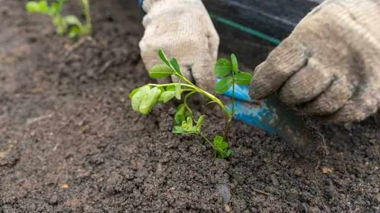Close-up of a gardener's gloved hands planting a small green seedling into the soil, using a blue garden tool, with other seedlings visible in the background.