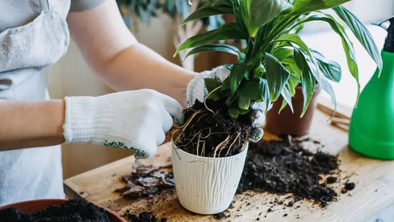 Person repotting a houseplant with exposed roots, wearing gloves and working over a table scattered with soil.

