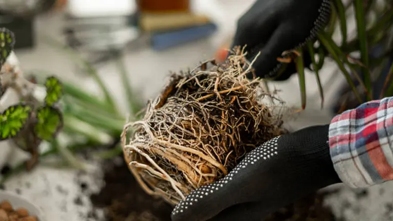 Hands in gloves carefully handling a root-bound plant during the repotting process, surrounded by gardening tools and soil.

