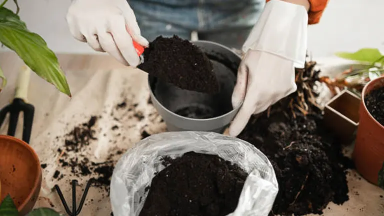 Person in gloves transferring soil from a bucket to a bag during a plant repotting session, with various gardening tools and plants visible around.
