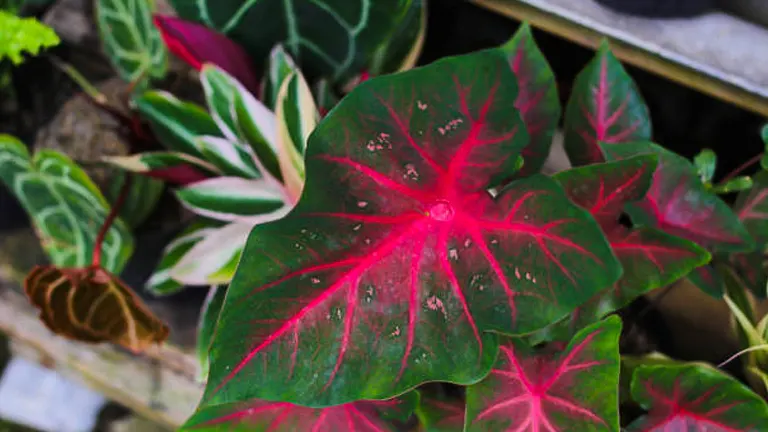 Vivid caladium leaf, primarily deep green with striking red veins and lighter green patches, set against a background of assorted tropical plants.

