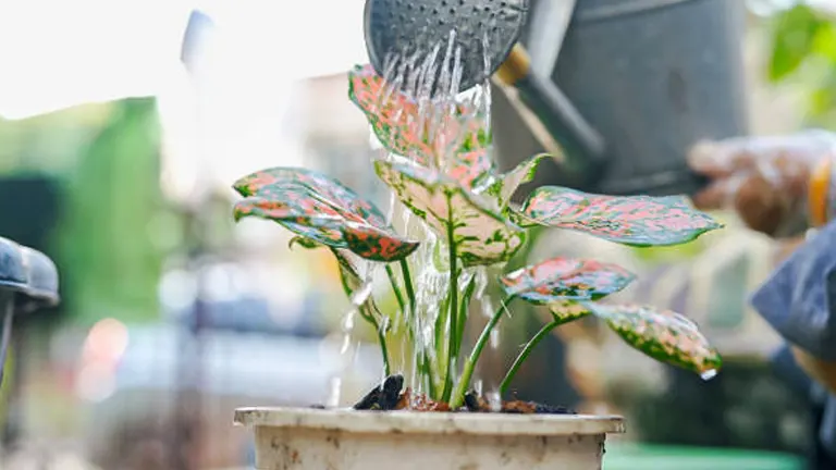 Watering a potted caladium plant with colorful leaves, capturing the water cascading through the leaves.

