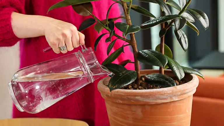 A woman in a pink sweater watering a rubber plant in a terracotta pot using a clear glass pitcher, indoors near a window.