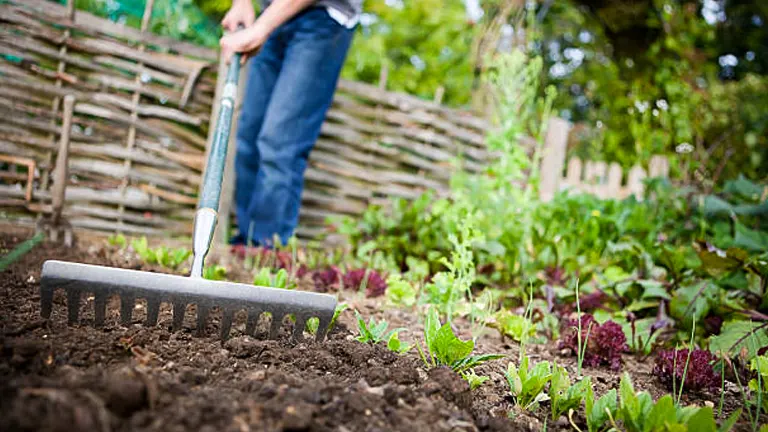 A person using a rake in a garden bed to cultivate soil among rows of young, leafy plants.